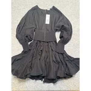 Rhode Olivia Black Smocked Waist Mini Dress XS NWT Long Sleeve Ruffle Hem